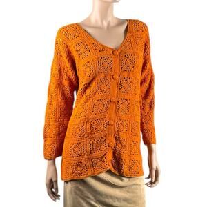 Tweeds Womens Medium Orange Linen Cotton Cardigan Open Knit Crochet Granny Core